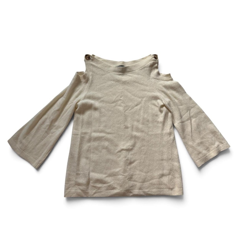 Ann Taylor Ivory Wool Blend Cold Shoulder Boat Neck Button Sweater Small